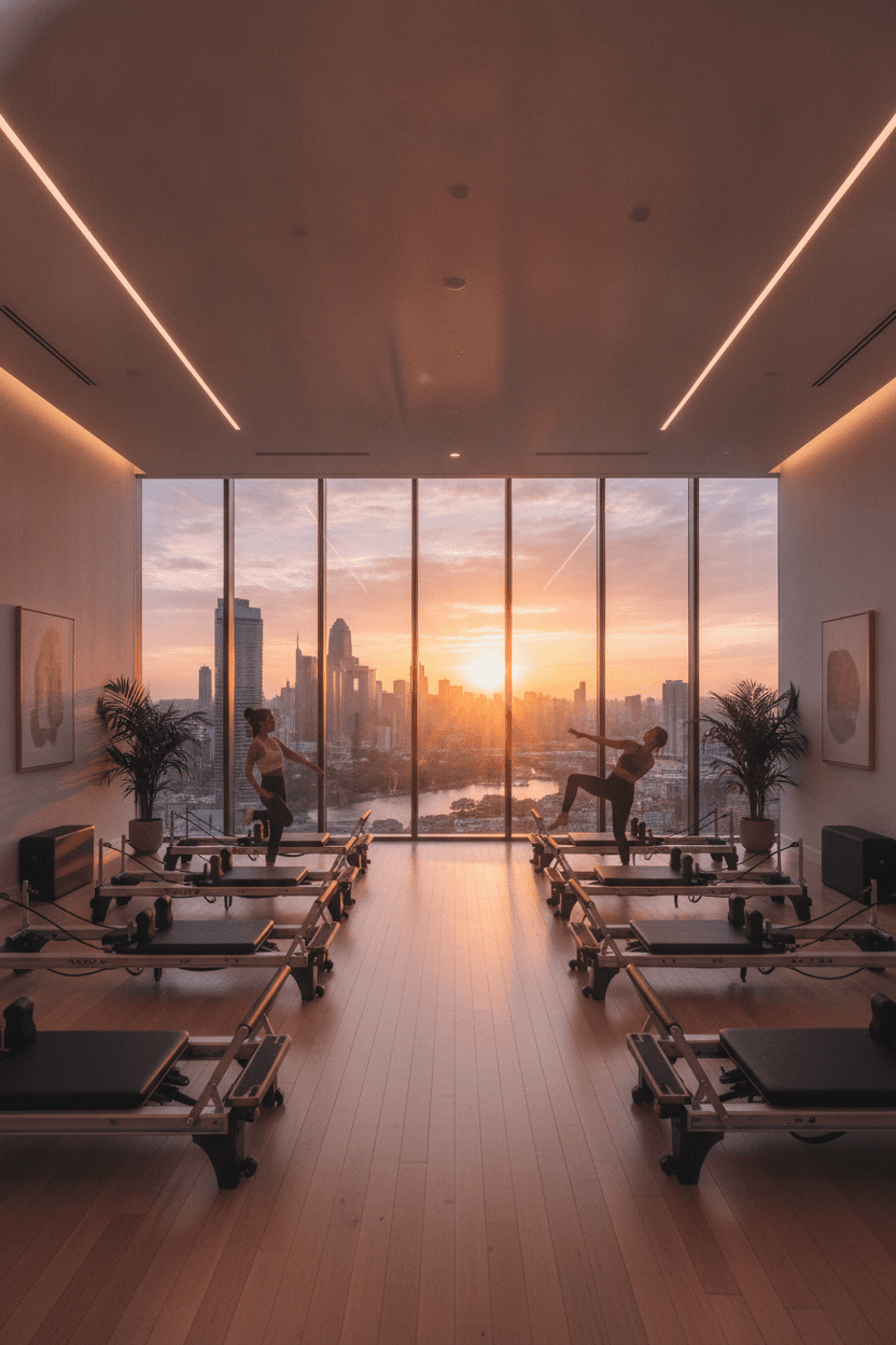 A wide home Pilates studio with a mirrored wall and natural light