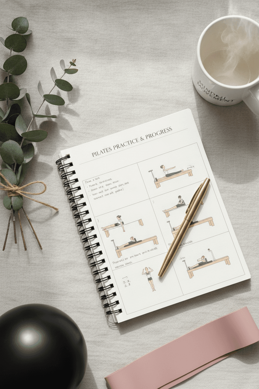 Pilates studio essentials — logbook, pen, and accessories