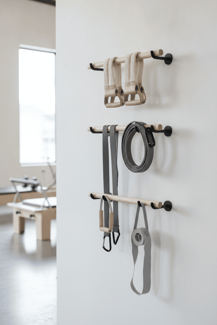Detail of the ropes, loops and hooks on a Pilates reformer