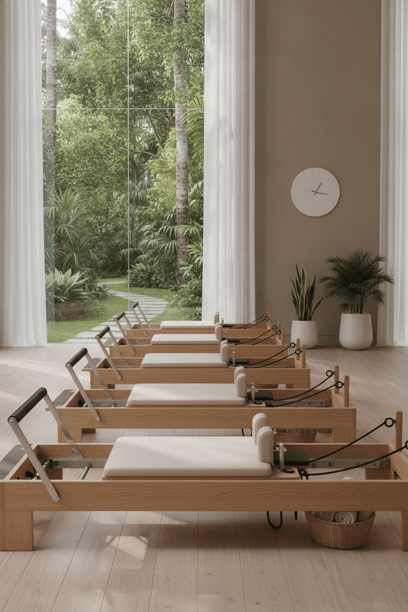 A row of reformers in a Pilates studio — equipment cost is the main driver of class pricing