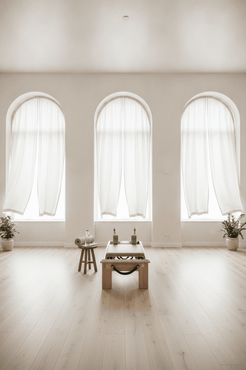 A Pilates studio lit by tall arched windows with soft, even natural light