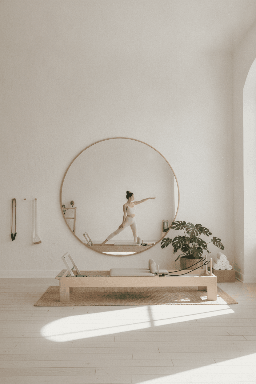 A round mirror in a boutique studio